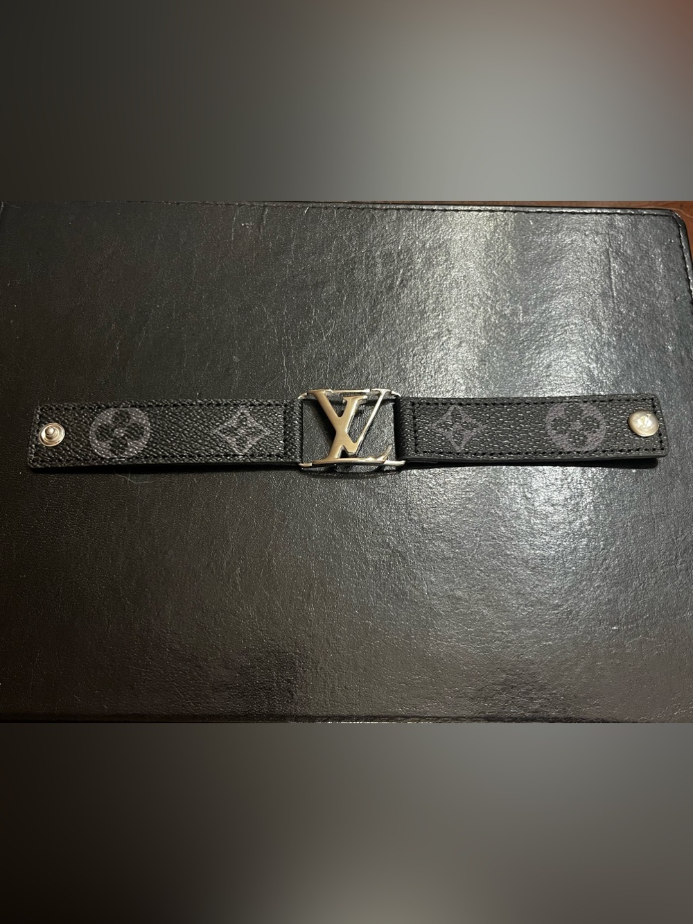 Louis. Vuitton. Black Silver Monogram Flower Bracelet